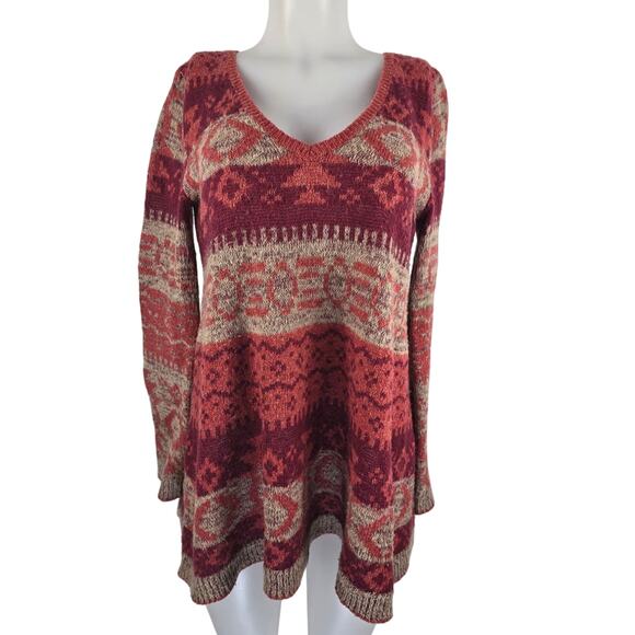 Free People Lightweight Wool Alpaca Blend Orange Red Tan Aztec Sweater L - Picture 1 of 4